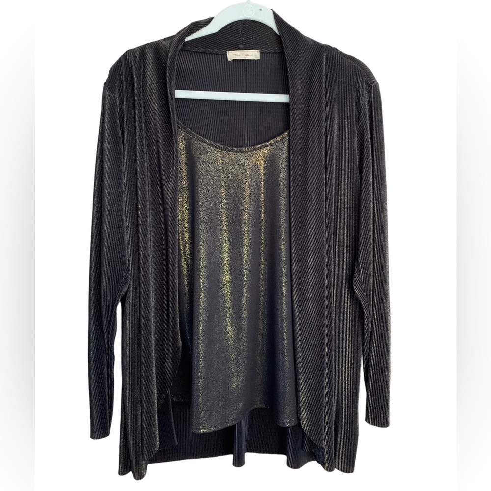Front Of Closet Black Gold Metallic Shimmer Cardigan with Attached Shell Size 1X